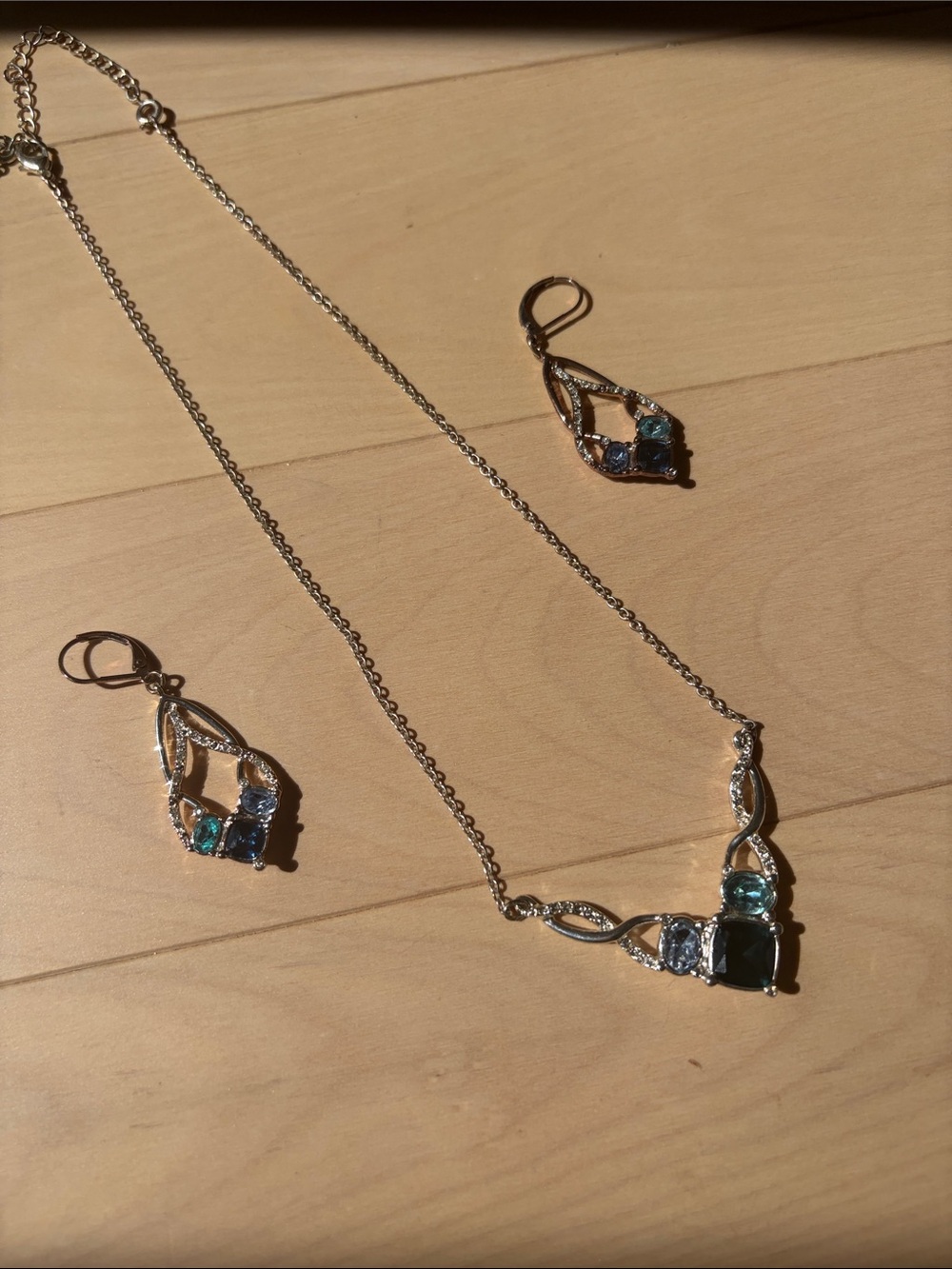 Avon Silver-Tone Necklace & Earrings with Blue and Teal Stones